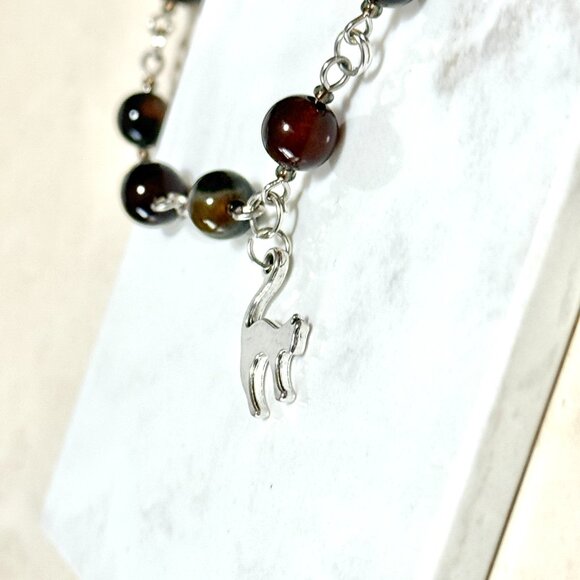 Genuine Dark Brown Agate Necklace, Natural Gemstone & Cute Slim Cat Pendant - Picture 6 of 15